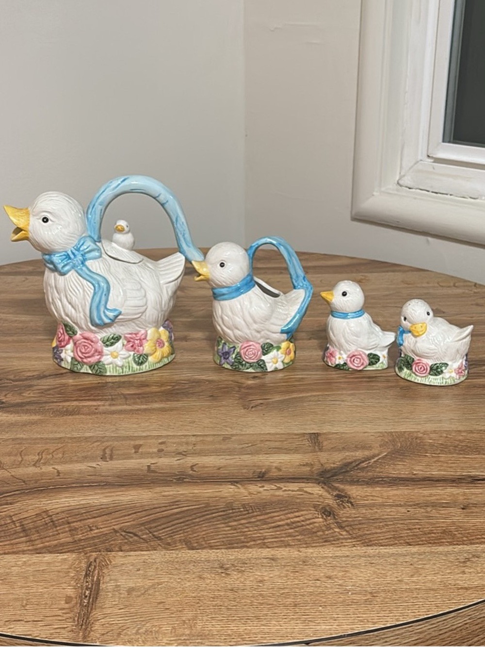 Vintage Ceramic Duck Tea Pot, Creamer and salt and pepper shakers- 4 Pieces